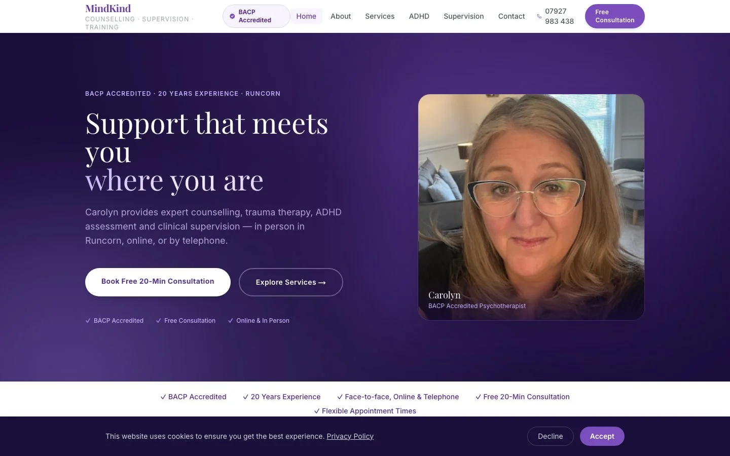 Mind Kind wellness website screenshot